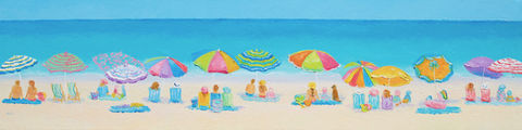 A panorama beach painting of brightly coloured umbrellas lining the seashore. There are lots of people beneath the beach umbrellas enjoying the balmy summer day.