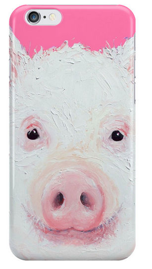 A phone case with a painting of a happy, smiling pink pig on a pink background.