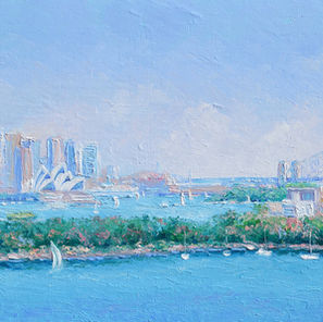 Oil painting of Sydney Harbour, with the Sydney Harbour Bridge and the Sydney Opera House.