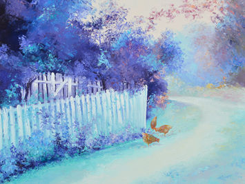 oil painting of an Australian country scene with a white picket fence and winding path.