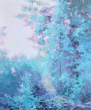 Oil painting of a forest of turquoise green trees and a pink sky.