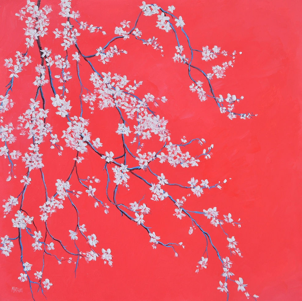 Impressionist oil painting of white cherry or plum blossom on dark, slender branches with bright blue highlights, cascading from the top left across a vivid scarlet and coral-red background, painted in textured brushstrokes and signed MATSON lower left.