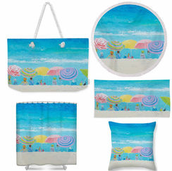 A few images of coastal decor products with the beach umbrellas image, including a tote bag, round towel, beach towel, shower curtain and throw pillow.