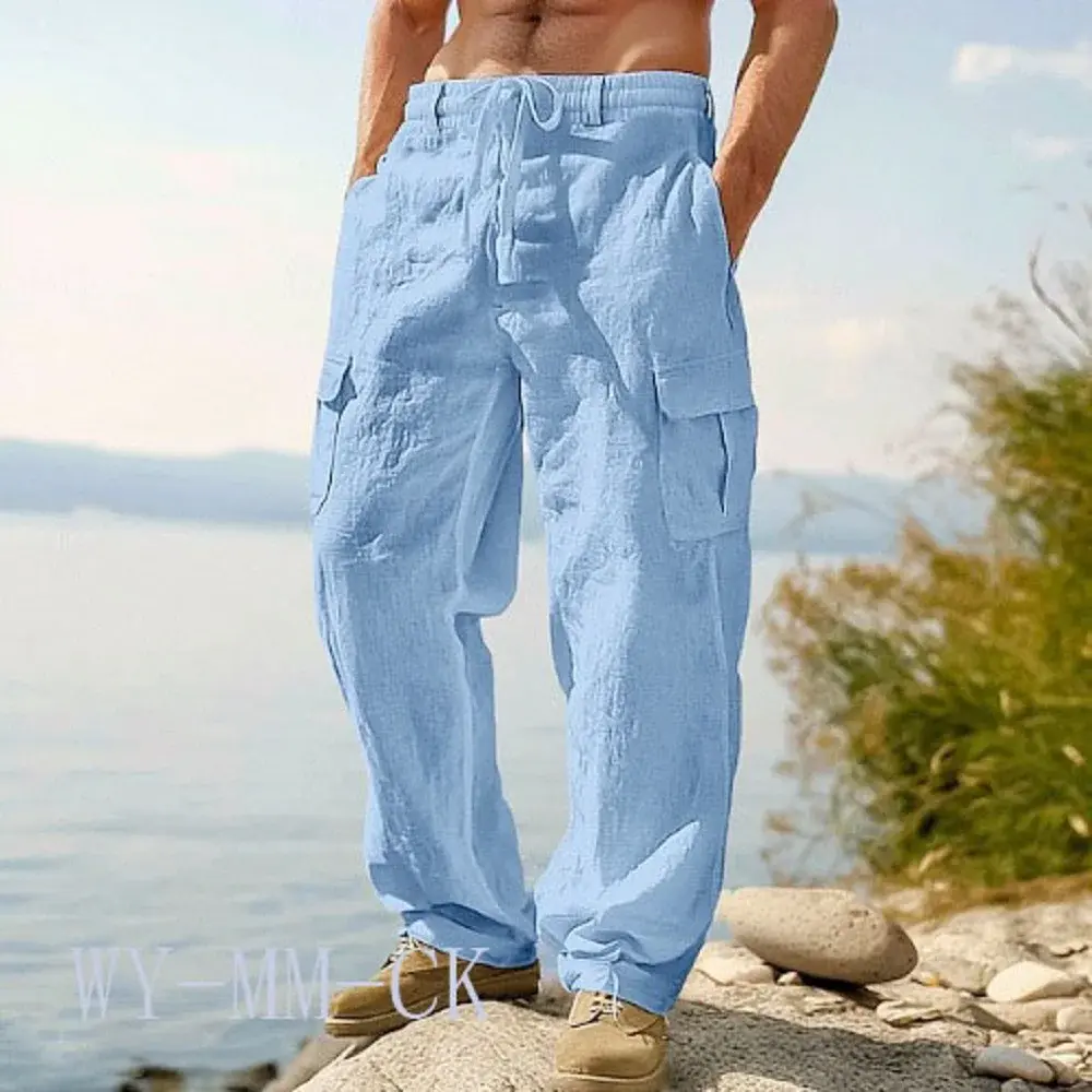 2026 European And American Men's Cotton And Linen Trousers Multi-pocket Work Pan