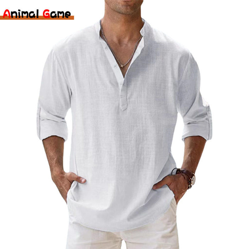 New Cotton Linen Shirts for Men Casual Shirts Lightweight Long Sleeve Henley Bea