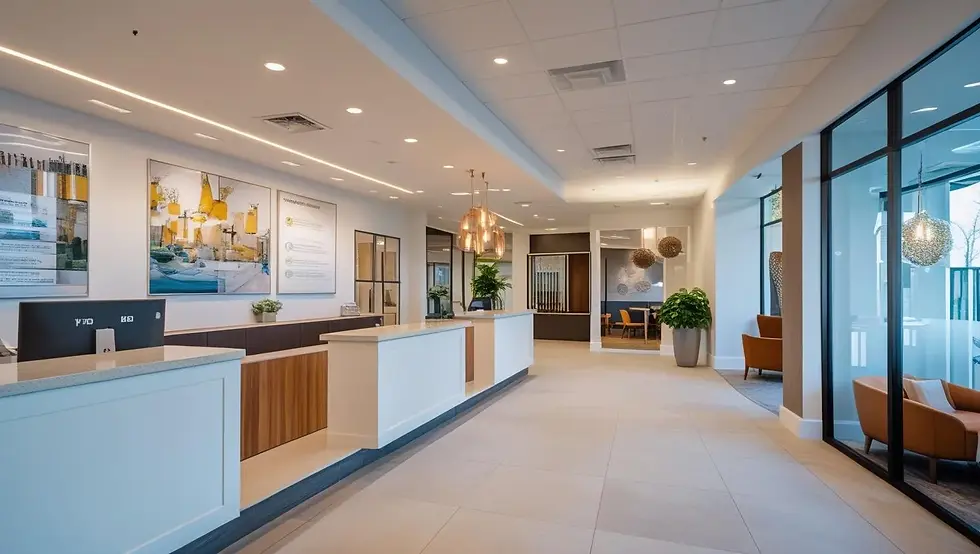 Modern office reception area of an office building featuring open space, modern decor, and a welcoming atmosphere, exemplifying a commercial renovation project.