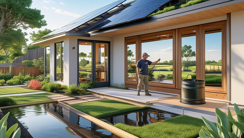 A house surrounded with greeneries and equipped with solar panels, showcasing Sustainable Construction Practices aimed at promoting renewable energy solutions.