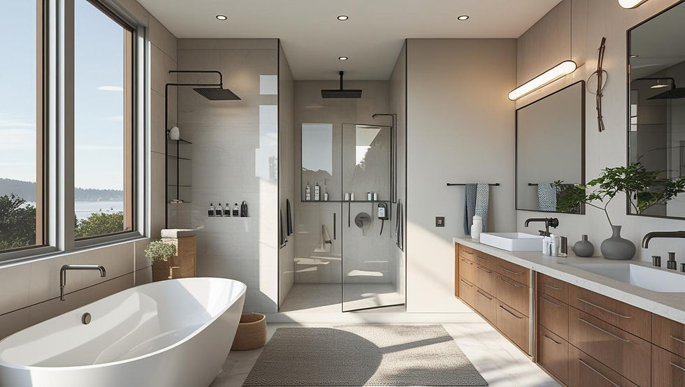 A modern Bay Area bathroom renovation featuring a spacious tub and a large window, showcasing natural light and contemporary design.