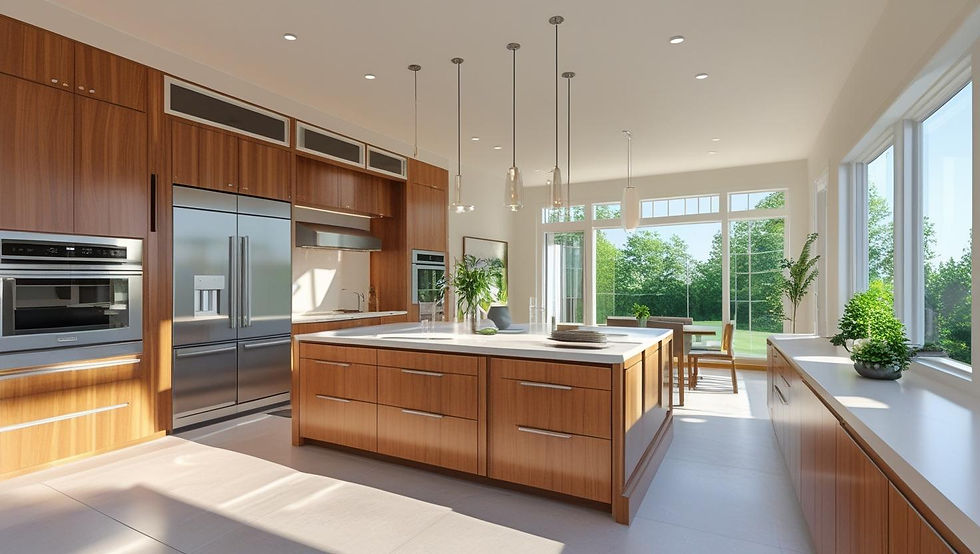 A modern kitchen featuring wooden cabinets and a spacious island, showcasing a stylish home renovation design.