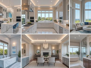 A collage of modern kitchen, living room, bathroom, dining area of a house, illustrating luxury home remodels with elegant designs and high-end features.