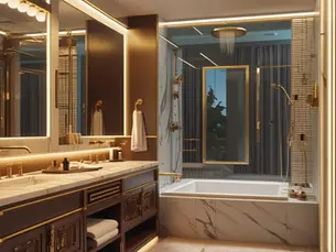 Stylish bathroom showcasing gold accents and marble surfaces, relevant to the cost of bathroom remodels in the Bay Area in 2025.