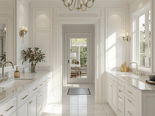 Elegant white bathroom featuring marble countertops and a chandelier, showcasing high-end home renovations.