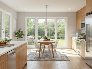 A kitchen featuring wooden cabinets and a dining table, ideal for those looking to plan a home remodel.