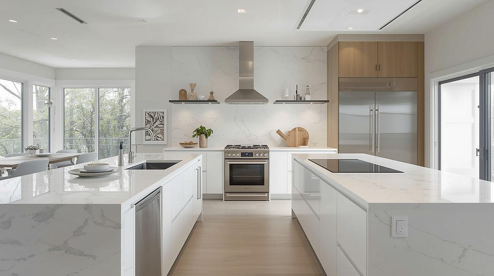 A high-end remodeled kitchen featuring sleek white marble countertops and modern appliances.