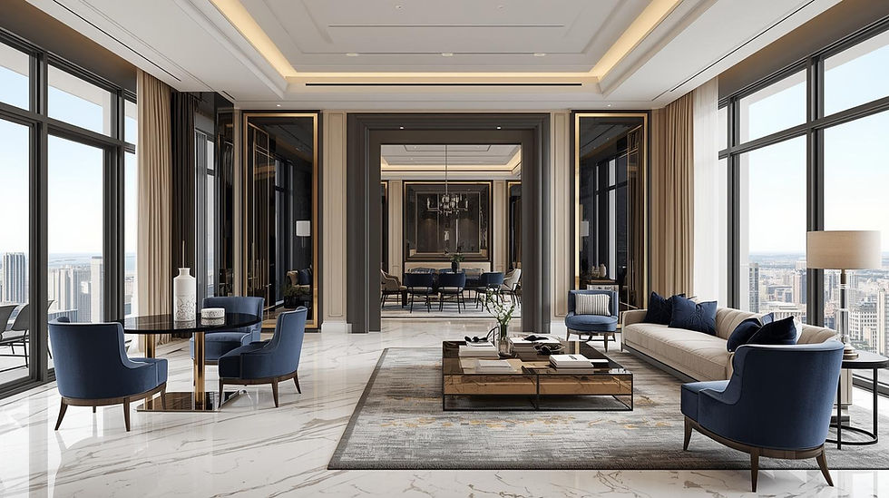 High-end primary suite featuring a luxury living room with marble flooring and expansive windows for natural light.