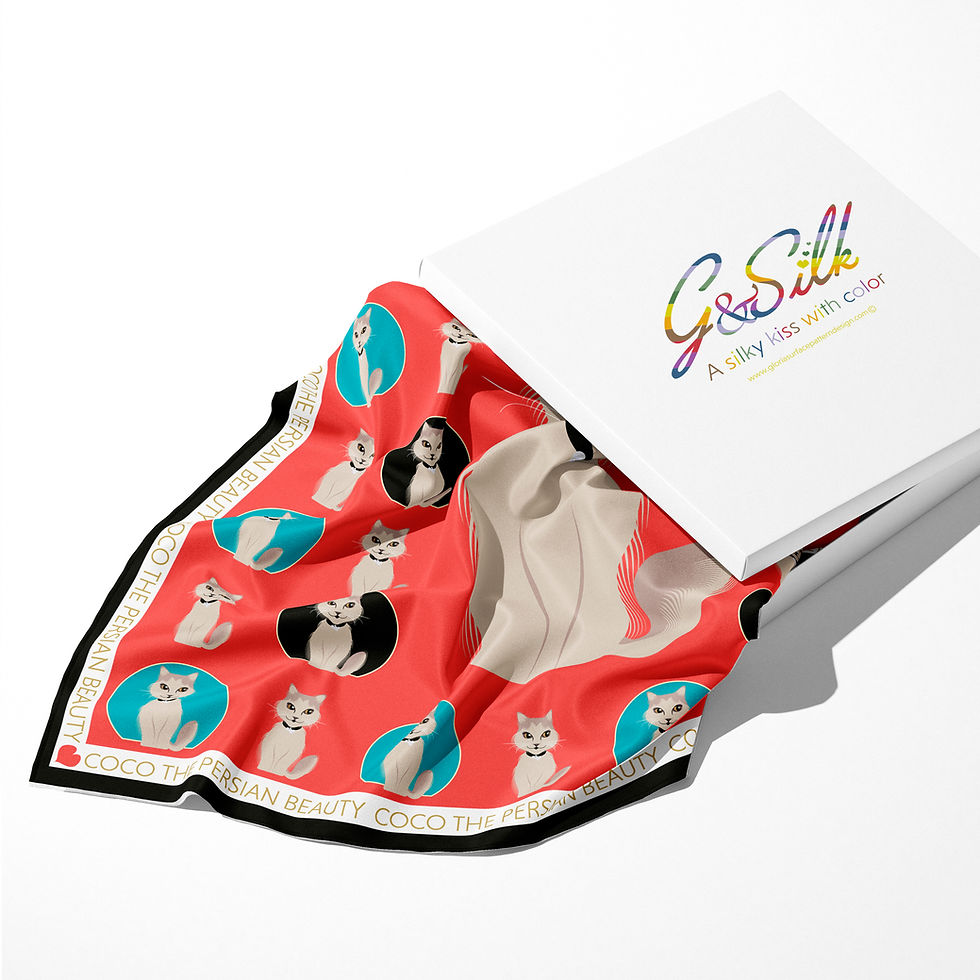 Thumbnail: Silk Scarf - CUSTOMIZED PET SCARF WITH CENTRAL  ILLUSTRATION - by Gloria Franco