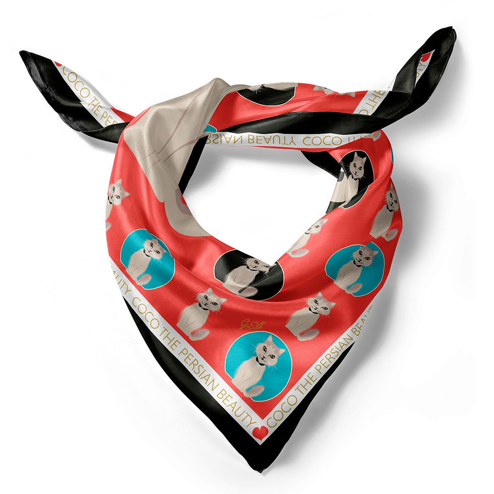 Thumbnail: Silk Scarf - CUSTOMIZED PET SCARF WITH CENTRAL  ILLUSTRATION - by Gloria Franco