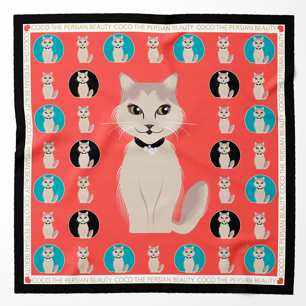 Thumbnail: Silk Scarf - CUSTOMIZED PET SCARF WITH CENTRAL  ILLUSTRATION - by Gloria Franco