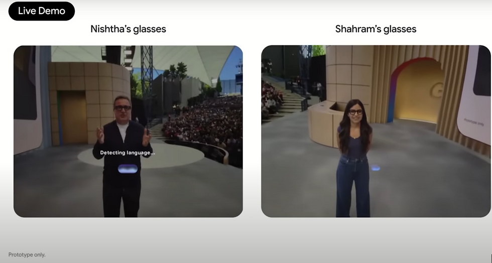 Live demo at Google I/O 2025: Gemini AI powering real-time multilingual interaction through Android XR glasses.