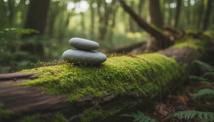 Close-up view of two balanced stones on a mossy log in a forest