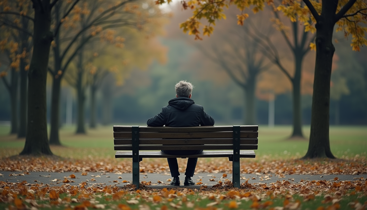 Eye-level view of a person sitting alone on a park bench, reflecting quietly