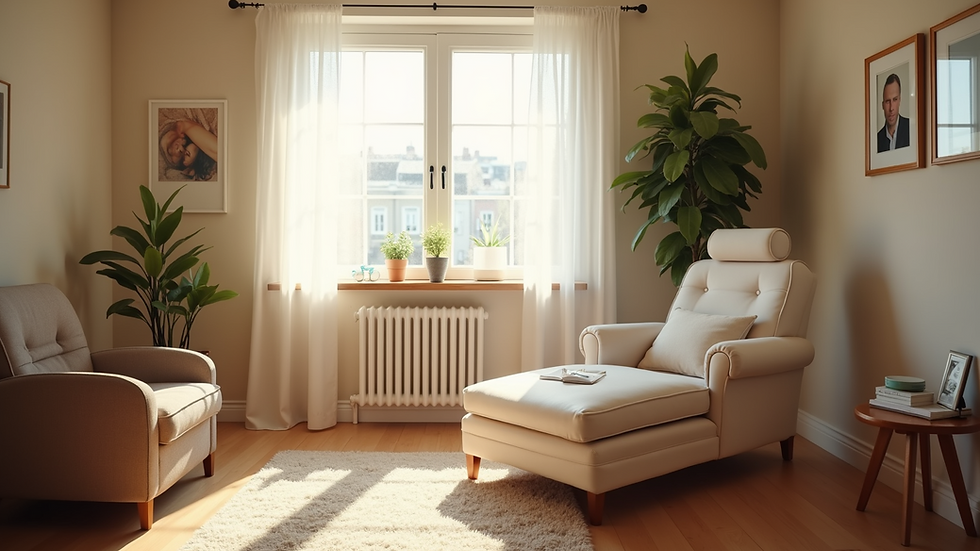 Eye-level view of a cozy therapy room with a comfortable chair and soft lighting