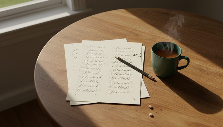 Overhead view of handwritten practice notes and a mug on a kitchen table