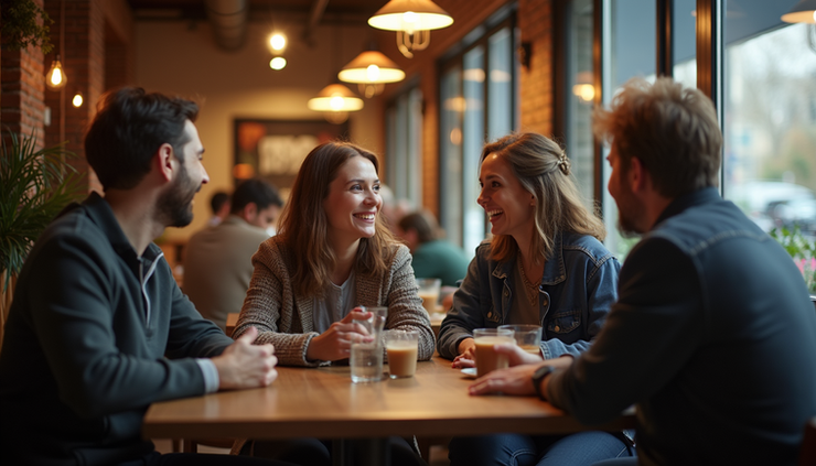 Eye-level view of a small group of friends sitting around a table in a cozy café, engaged in lively conversation