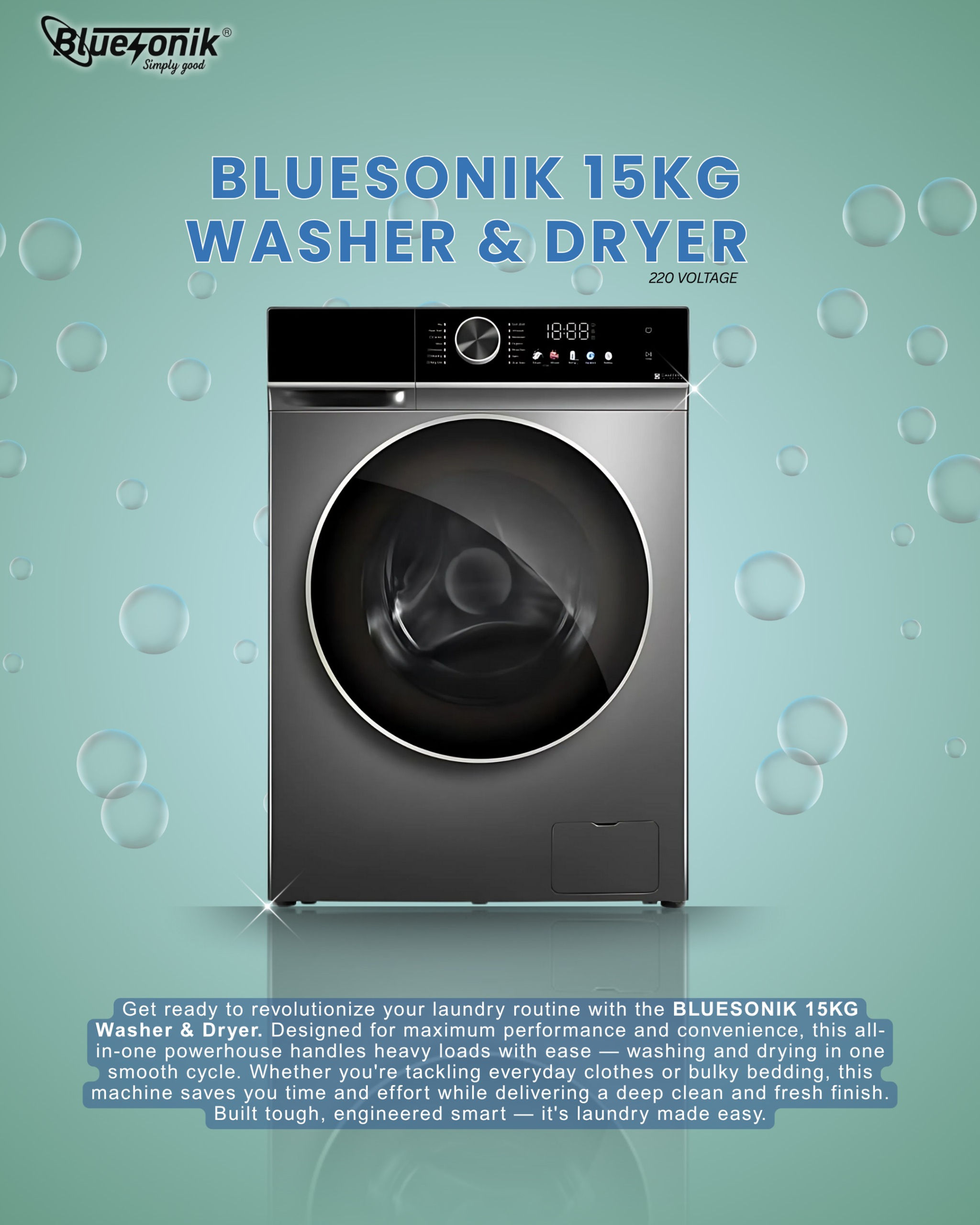 Bluesonik 15kg washer & Dryer (2 in 1)