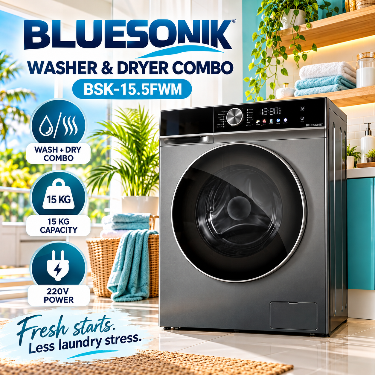 Bluesonik Washer and Dryer Combo (BSK-15.5FWM) 🧺⚡
