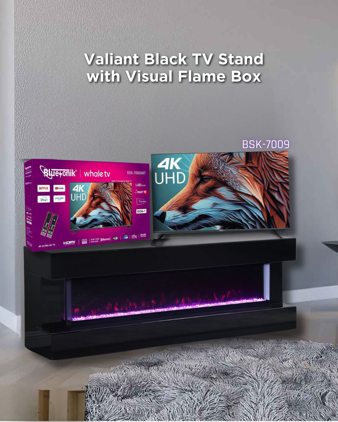 Valiant Black TV Stand w/ Visual Flame Box