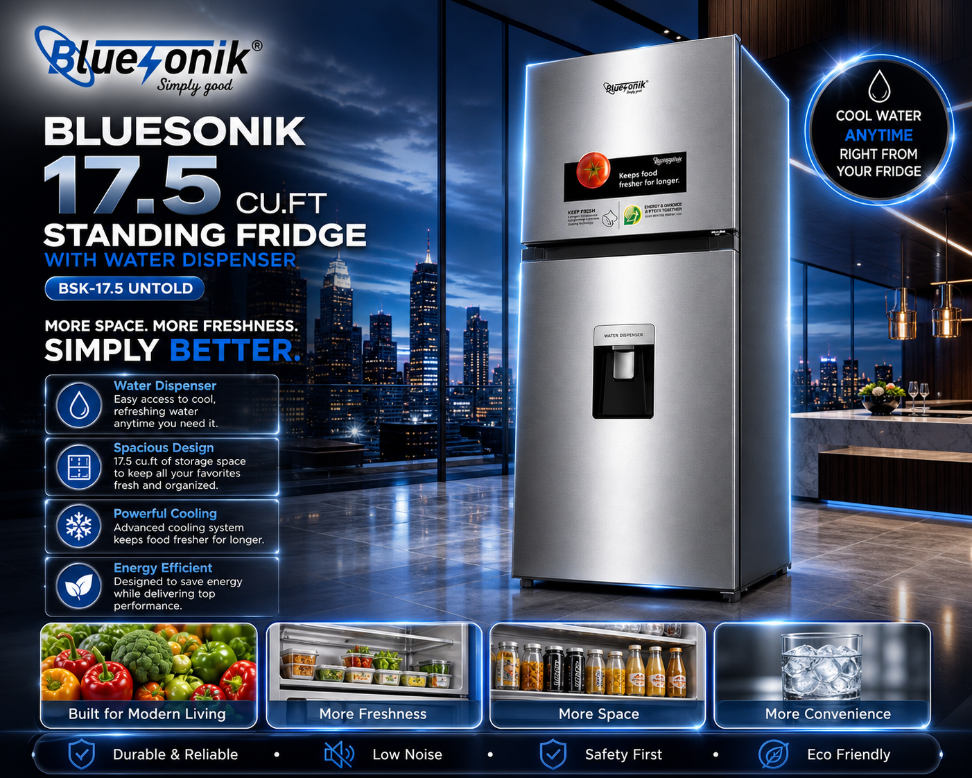 Bluesonik 17.5 Cu. Ft. Standing Fridge with Water Dispenser