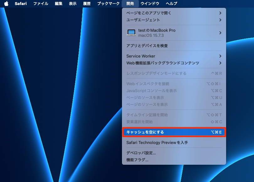 Safariの開発メニューを開いたmacOS画面。青い壁紙の上にメニューが表示され、「キャッシュを空にする」が青く選択されている。