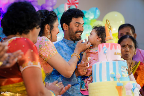 1st birthday party cake cutting moment in Visakhapatnam