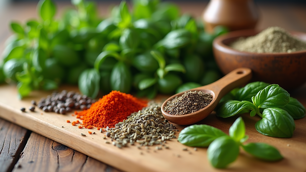 Eye-level view of fresh herbs and spices on a wooden kitchen table
