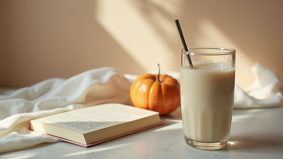 Close-up view of a protein shake with a pregnancy book beside it