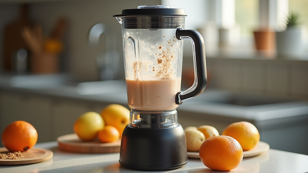 Eye-level view of a blender with protein shake ingredients