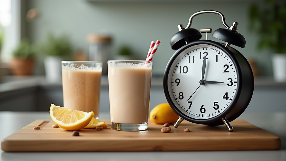 Eye-level view of a clock with protein shakes prepared for different times