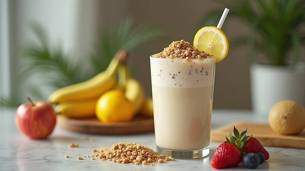 Close-up view of a healthy Herbalife shake and nutrition plan on a table