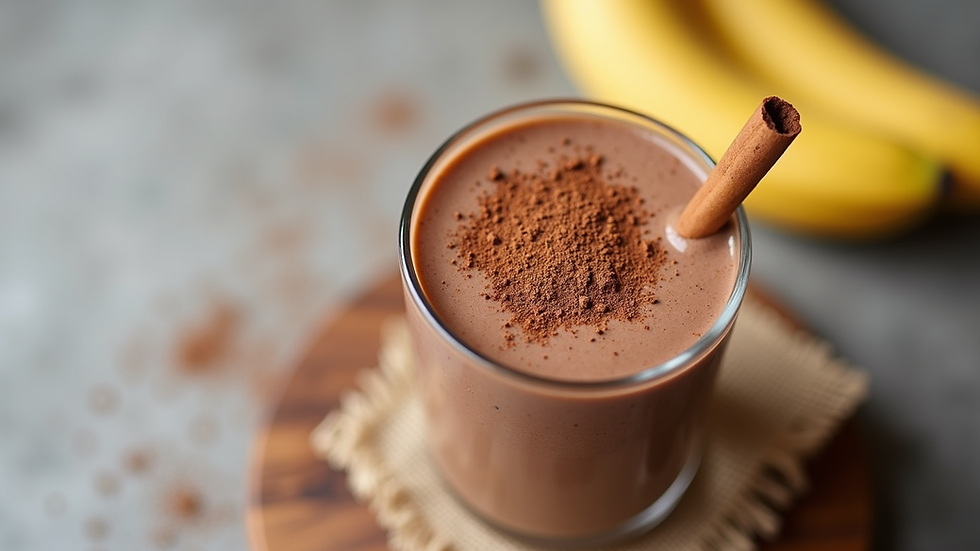 Eye-level view of a creamy chocolate banana shake in a glass with a cinnamon stick