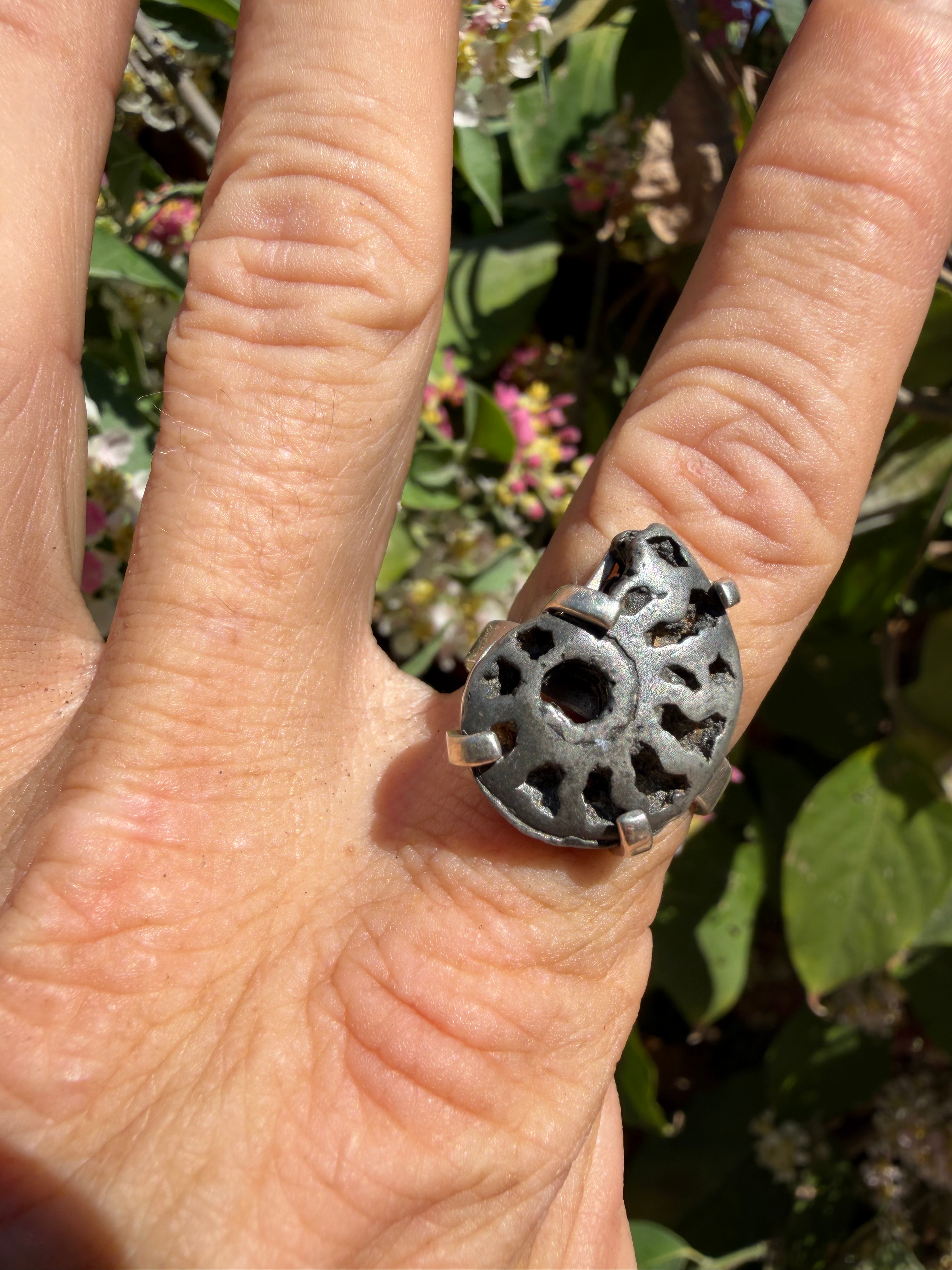 Handmade silver pyrite ammonite ring