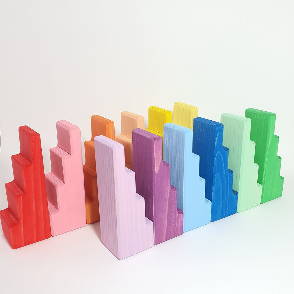 Thumbnail: Colorful wooden step blocks arranged in a row against a white background.