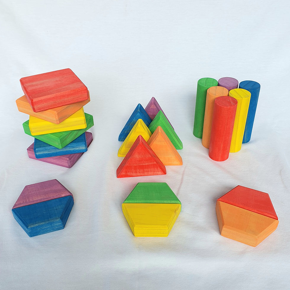 Thumbnail: Colorful wooden blocks arranged, orange, blue, green, and more. Serenitoys Triangles - Frosted.