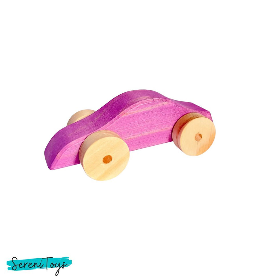 Thumbnail: Pink wooden car toy with Serenitoys logo, isolated on white background.