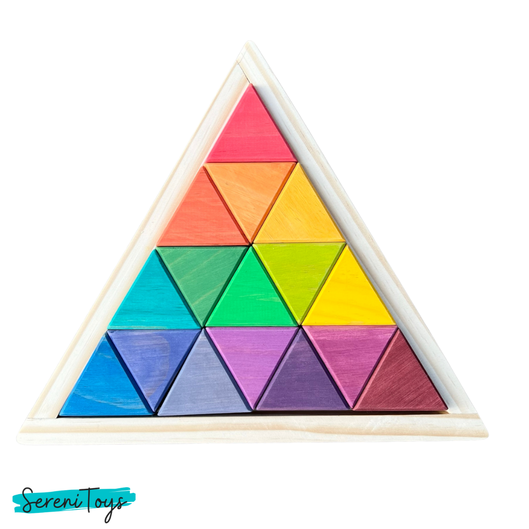 Wooden rainbow triangles arranged within a triangular frame; Serenitoys Triangles - Rainbow; education toy.