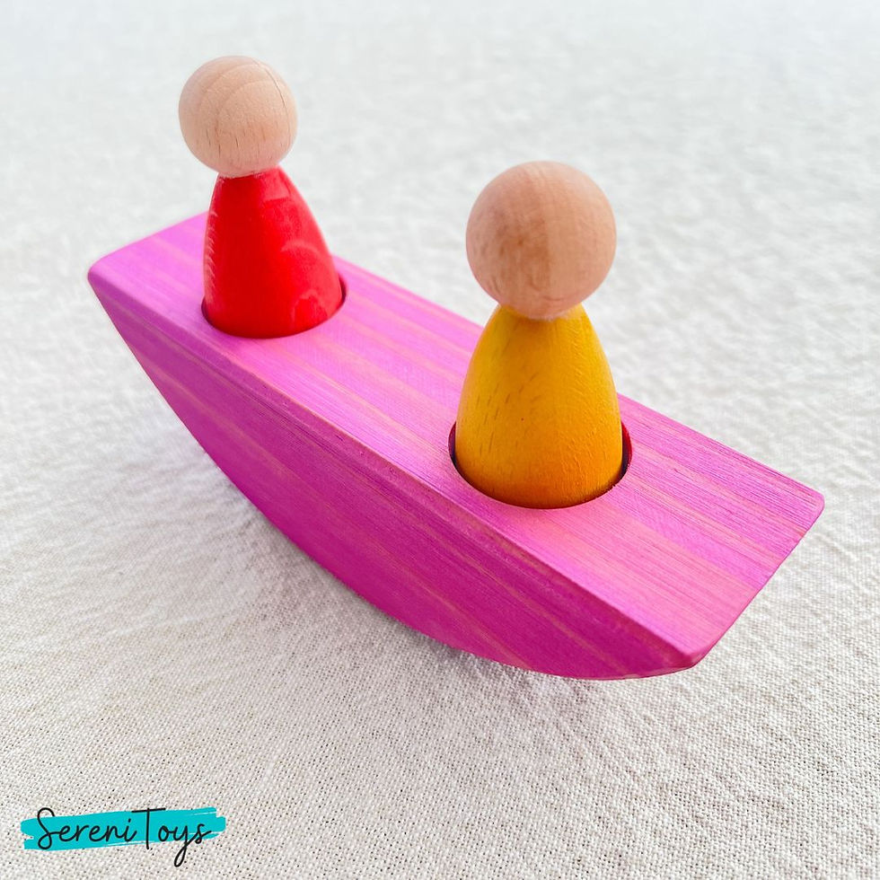 Thumbnail: Wooden toy boat with two peg people; serene play time; Serenitoys