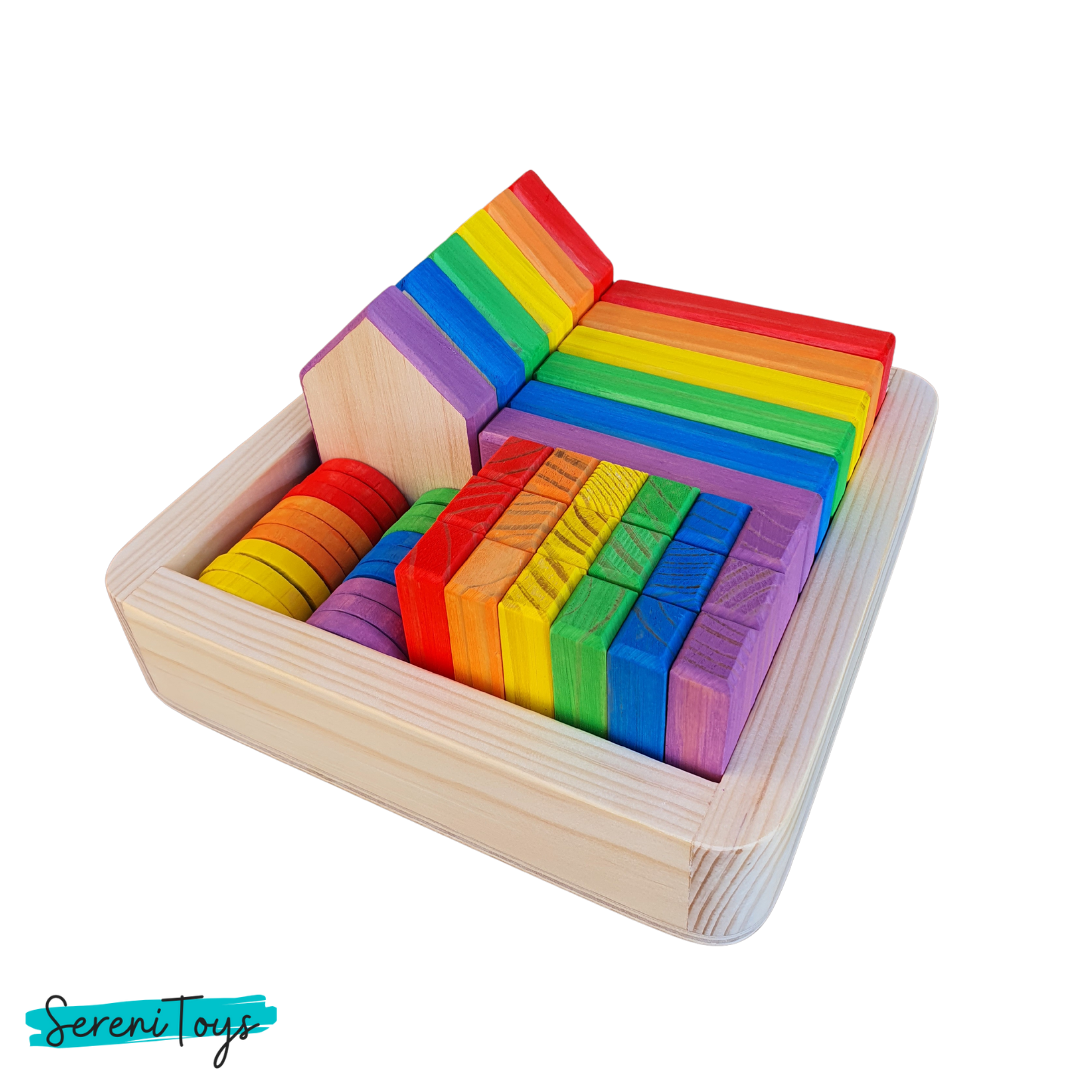 Rainbow wooden blocks in a wooden box, Serenitoys Triangles - Frosted, for children's learning.