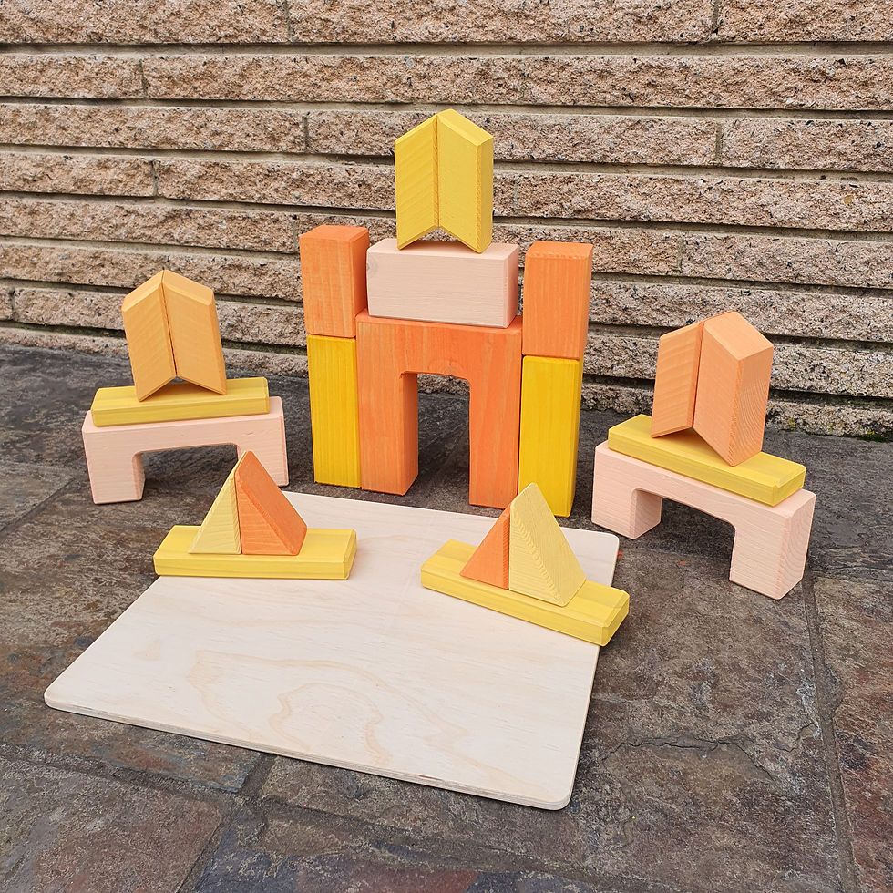 Thumbnail: Wooden toy blocks arranged on a wooden board against a brick wall background.