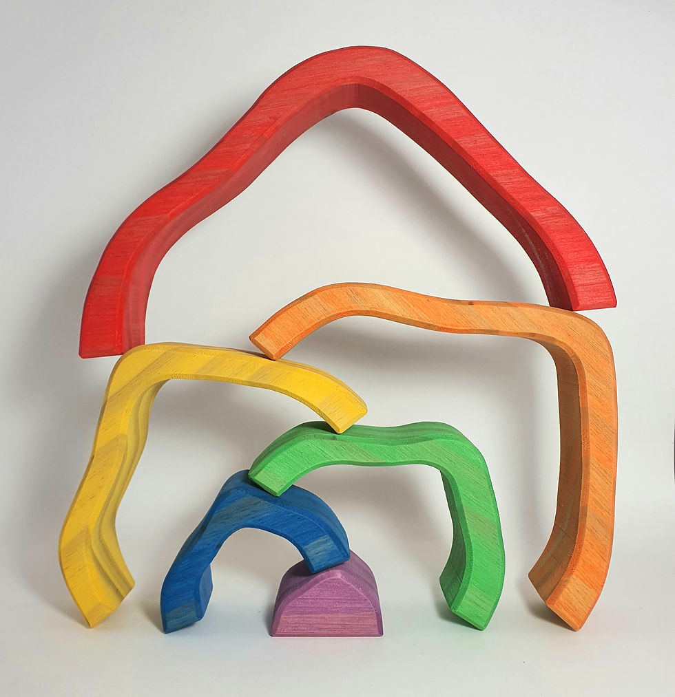 Thumbnail: Colorful wooden blocks arranged as a house, creative play, Serenitoys Triangles - Frosted.