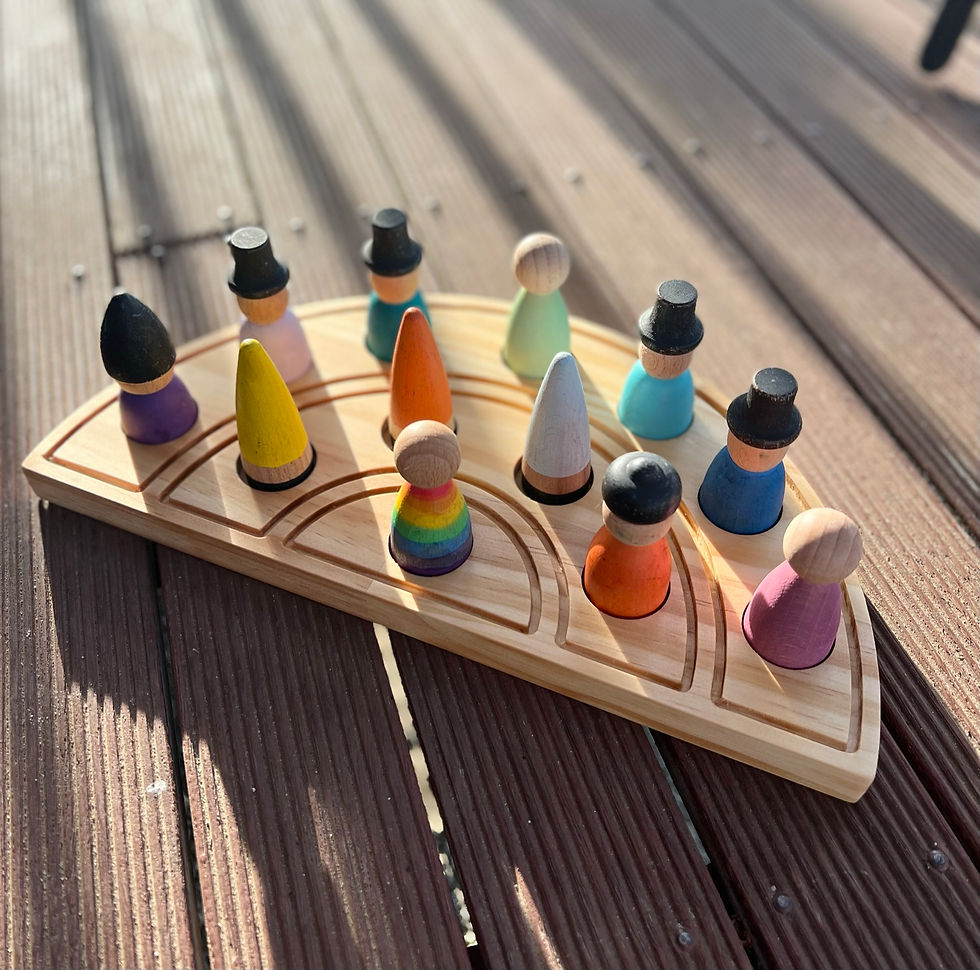 Thumbnail: Wooden toy with colorful peg dolls arranged on a wooden board. Serenitoys.